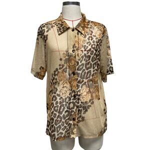Vintage Mesh Floral Animal Print Sheer Button Up Shirt
